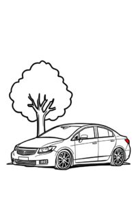 Ein Auto das neben einem Baum geparkt ist in einem bunten Stil illustriert