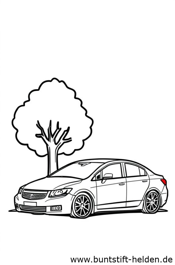 Ein Auto das neben einem Baum geparkt ist in einem bunten Stil illustriert