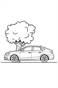Ein Auto das neben einem Baum geparkt ist in einem bunten Stil illustriert