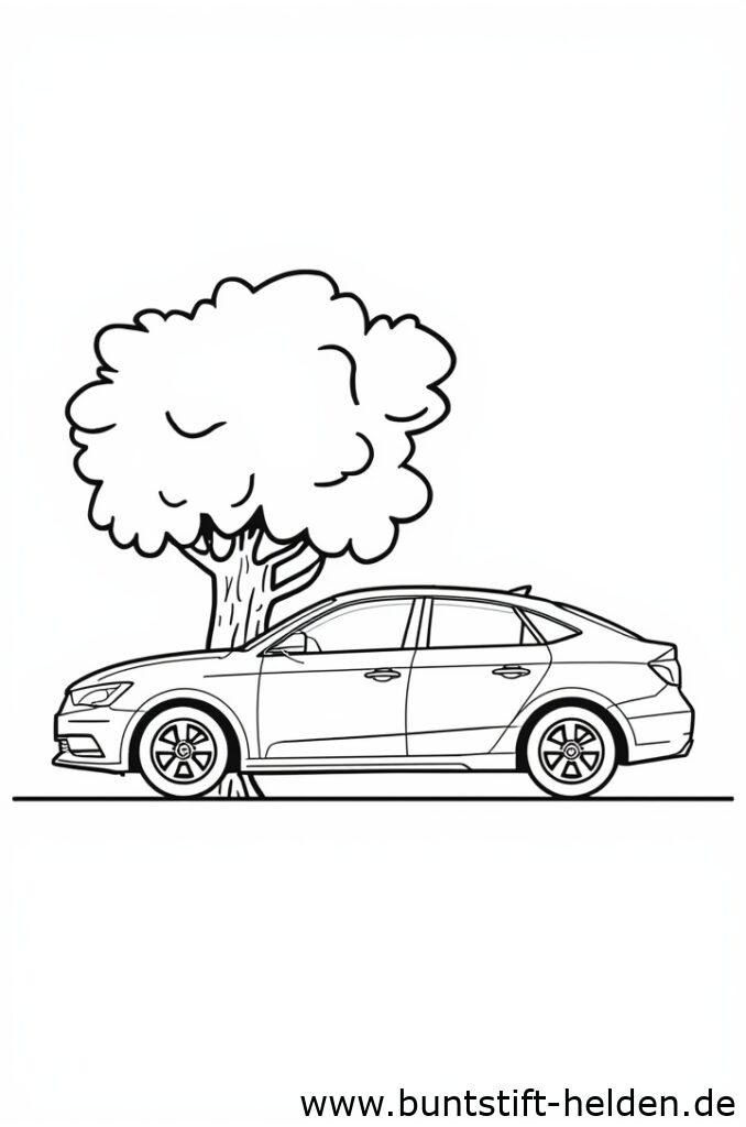 Ein Auto das neben einem Baum geparkt ist in einem bunten Stil illustriert