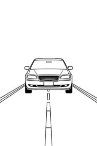 Ein Auto faehrt auf einer geraden einfachen Strasse mit minimalem Design