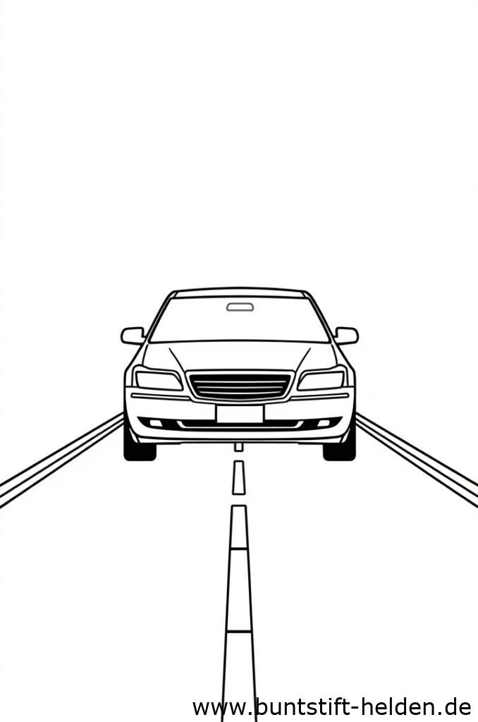 Ein Auto faehrt auf einer geraden einfachen Strasse mit minimalem Design