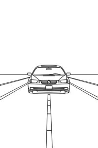 Ein Auto faehrt auf einer geraden einfachen Strasse mit minimalem Design