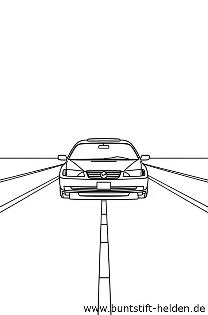 Ein Auto faehrt auf einer geraden einfachen Strasse mit minimalem Design