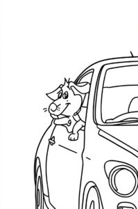 Ein Auto faehrt waehrend ein froehlicher Hund den Kopf aus dem Fenster streckt