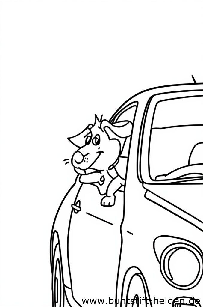 Ein Auto faehrt waehrend ein froehlicher Hund den Kopf aus dem Fenster streckt