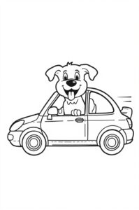 Ein Auto faehrt waehrend ein froehlicher Hund den Kopf aus dem Fenster streckt