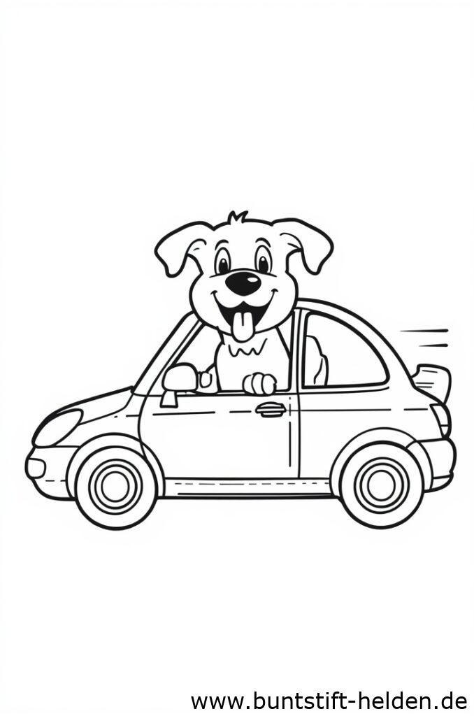 Ein Auto faehrt waehrend ein froehlicher Hund den Kopf aus dem Fenster streckt