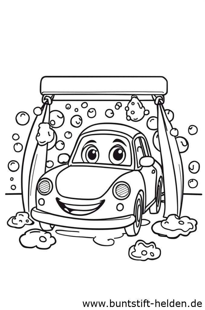 Ein Auto mit abgerundeten Kanten und froehlichem Gesichtsausdruck