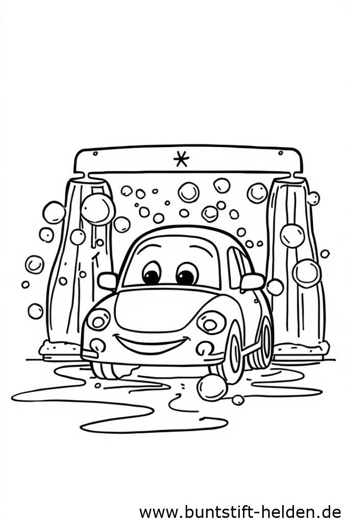 Ein Auto mit abgerundeten Kanten und froehlichem Gesichtsausdruck