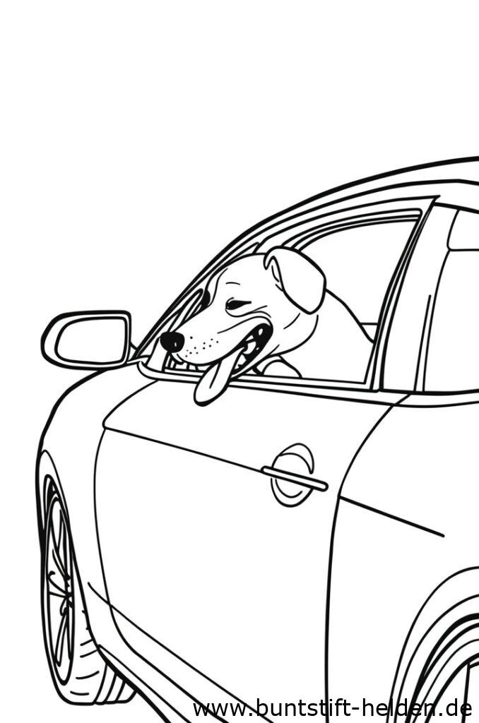 Ein Auto mit einem Hund der den Kopf aus dem Fenster streckt