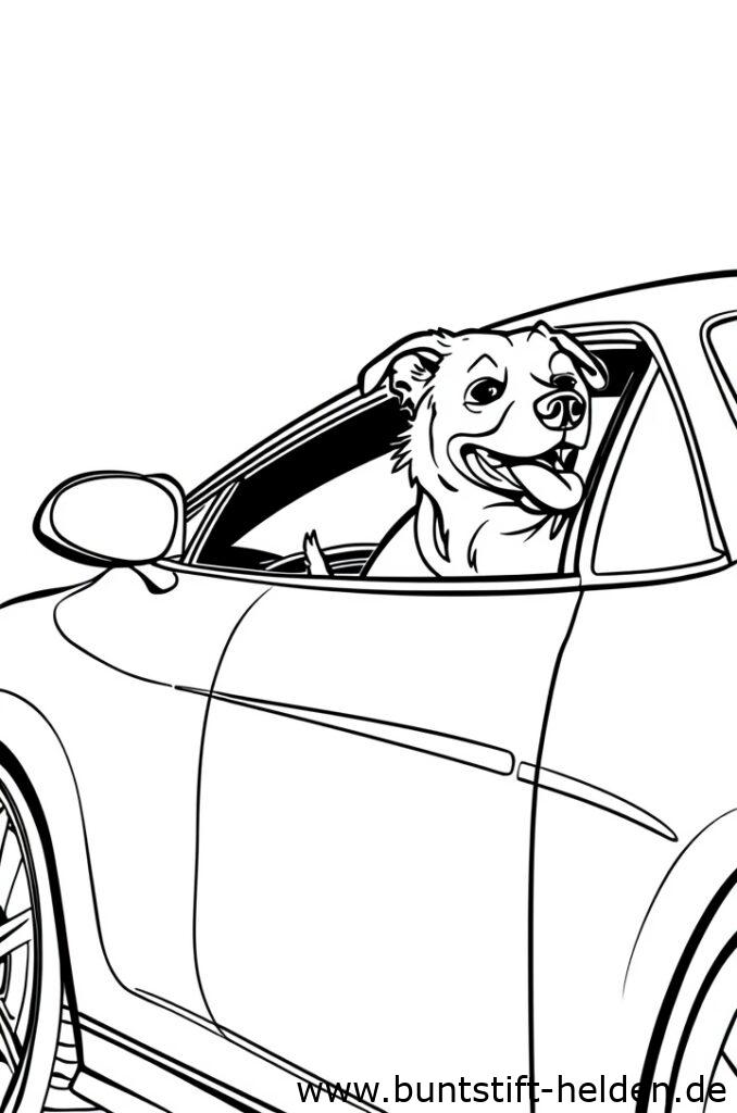 Ein Auto mit einem Hund der den Kopf aus dem Fenster streckt