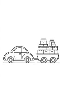 Ein Auto mit geschwungenem Koerper und kleinen Raedern zieht einen Anhaenger