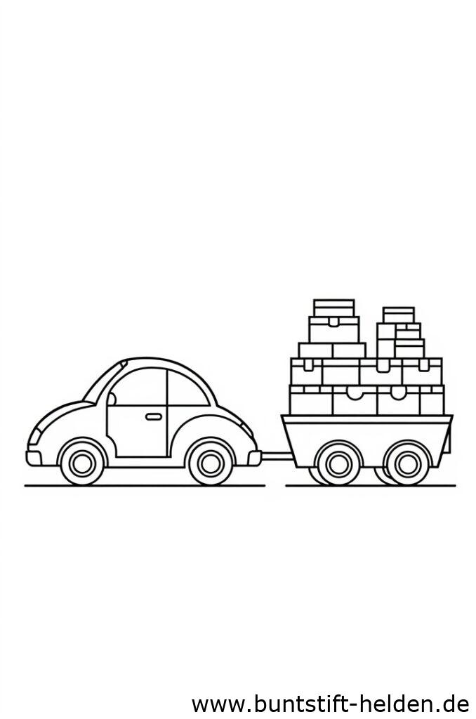 Ein Auto mit geschwungenem Koerper und kleinen Raedern zieht einen Anhaenger