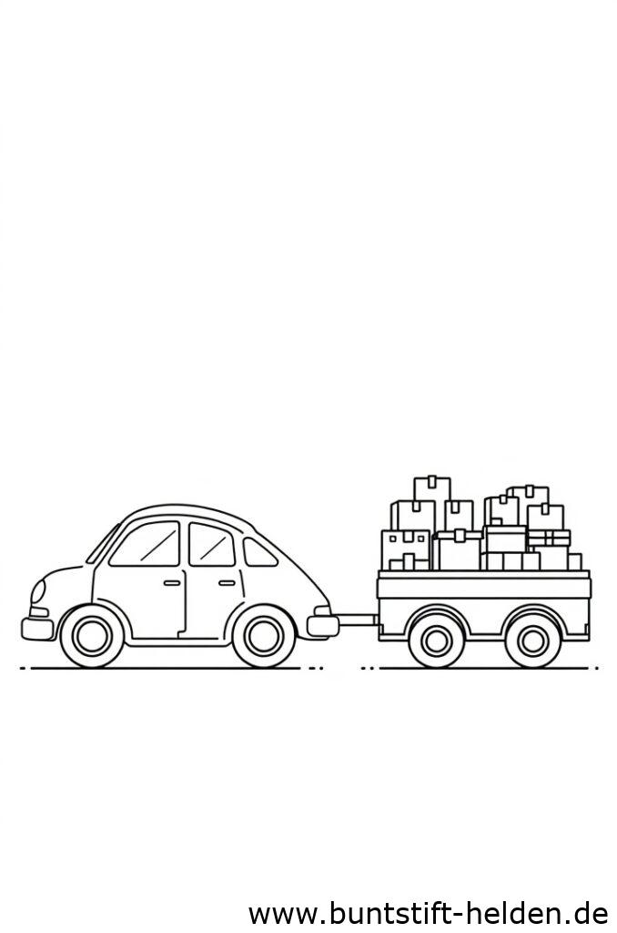 Ein Auto mit geschwungenem Koerper und kleinen Raedern zieht einen Anhaenger