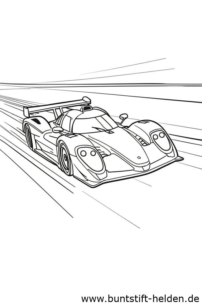 Ein Rennwagen rast ueber eine Strecke mit Bewegungslinien im Hintergrund