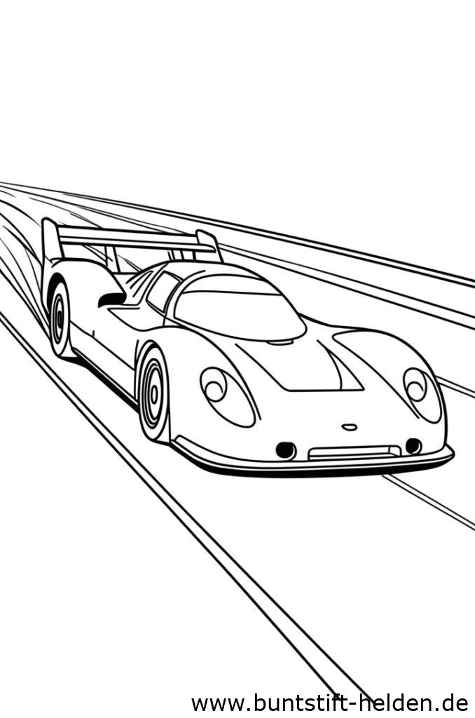 Ein Rennwagen rast ueber eine Strecke mit Bewegungslinien im Hintergrund