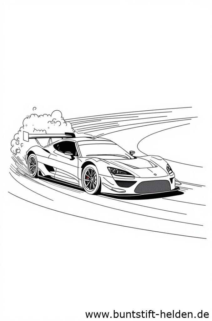 Ein eleganter Rennwagen driftet um eine glatte Kurve