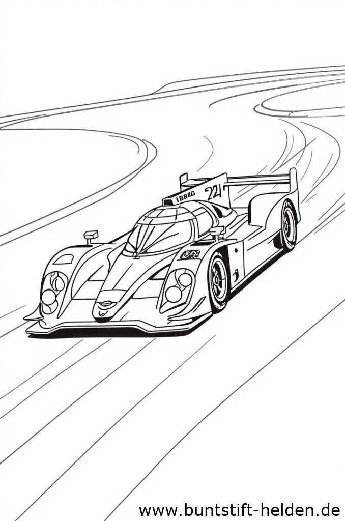 Ein eleganter Rennwagen rast auf einer kurvigen Strecke mit Bewegungseffekt