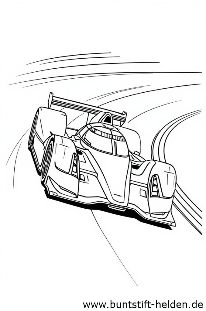 Ein eleganter Rennwagen rast auf einer kurvigen Strecke mit Bewegungseffekt