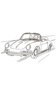 Ein elegantes Cabrio mit einem froehlichen Fahrer der laechelt