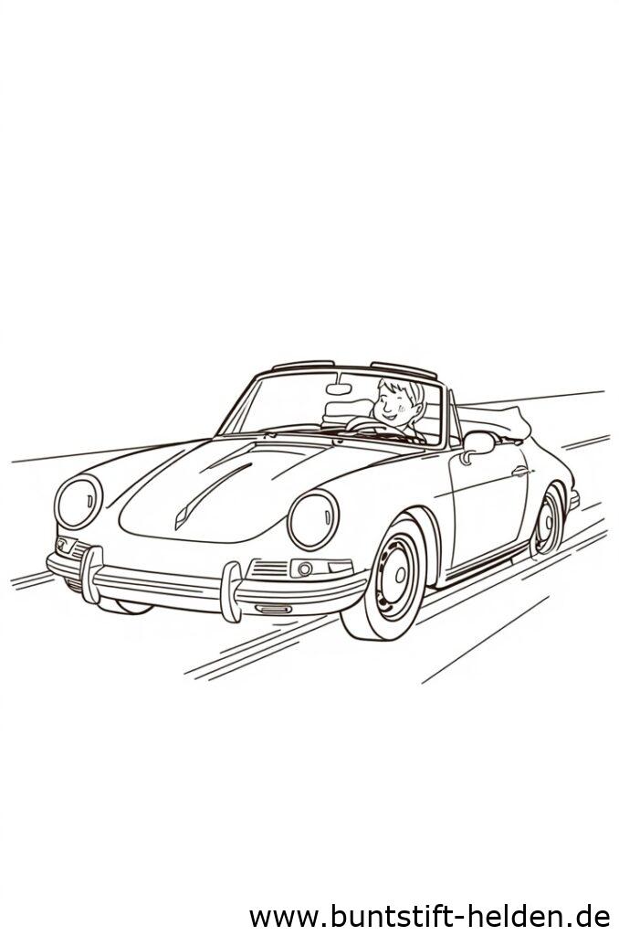 Ein elegantes Cabrio mit einem froehlichen Fahrer der laechelt