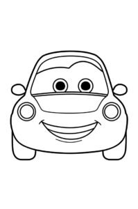 Ein kleines Cartoon Auto mit froehlichem Gesicht und ausdrucksstarken Augen