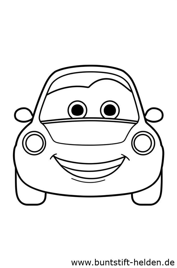Ein kleines Cartoon Auto mit froehlichem Gesicht und ausdrucksstarken Augen