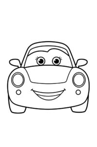 Ein kleines Cartoon Auto mit froehlichem Gesicht und ausdrucksstarken Augen