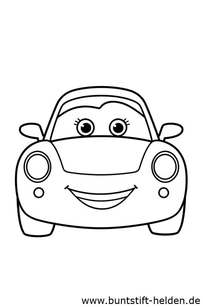 Ein kleines Cartoon Auto mit froehlichem Gesicht und ausdrucksstarken Augen