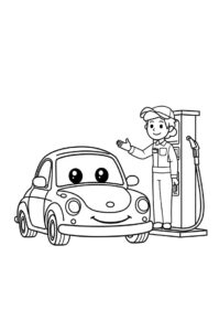 Ein kleines Cartoon Auto mit rundem Koerper und laechelndem Gesicht