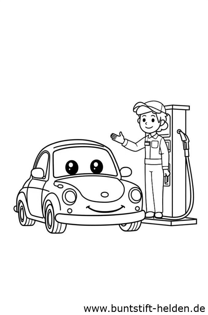 Ein kleines Cartoon Auto mit rundem Koerper und laechelndem Gesicht