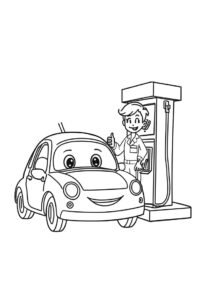 Ein kleines Cartoon Auto mit rundem Koerper und laechelndem Gesicht