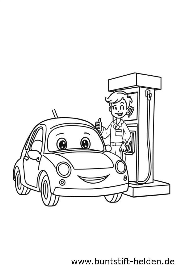 Ein kleines Cartoon Auto mit rundem Koerper und laechelndem Gesicht