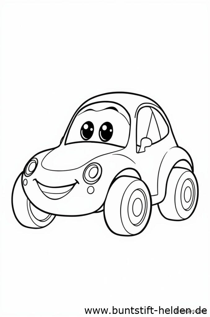 Ein kleines spielzeugaehnliches Auto mit grossen Raedern und einem Laecheln