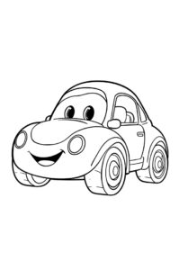 Ein kleines spielzeugaehnliches Auto mit grossen Raedern und einem Laecheln