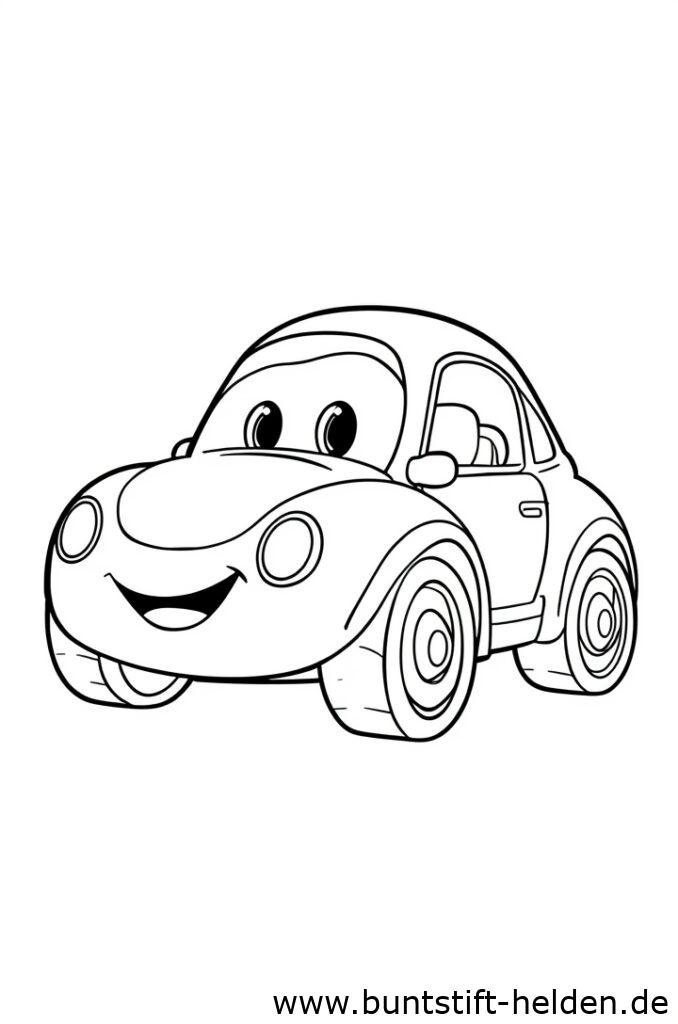 Ein kleines spielzeugaehnliches Auto mit grossen Raedern und einem Laecheln