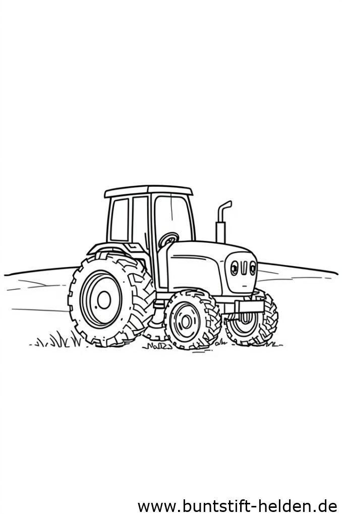 Ein niedlicher Cartoon Traktor mit uebergrossen Raedern und einfachem Design