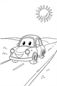 Ein niedliches Cartoon Auto mit froehlichem Gesichtsausdruck