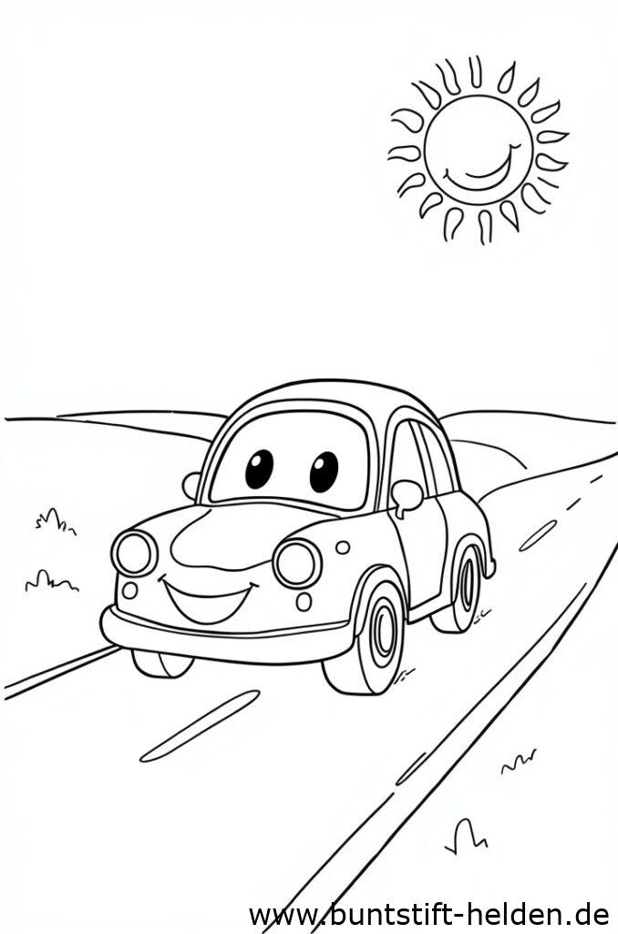 Ein niedliches Cartoon Auto mit froehlichem Gesichtsausdruck