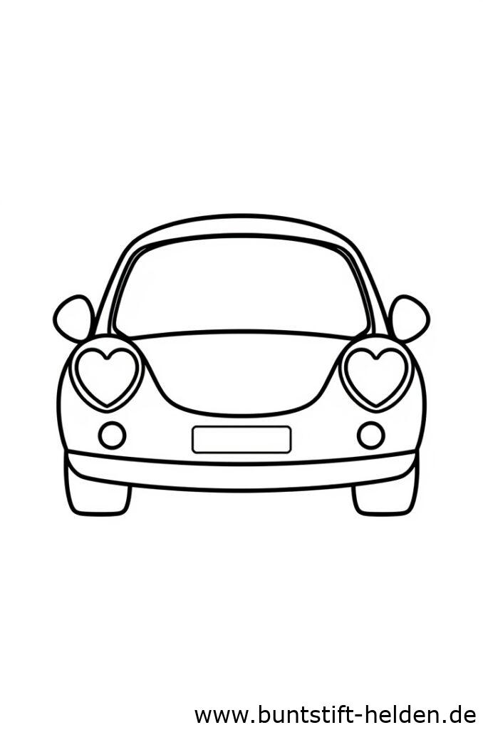 Ein stilisiertes Cartoon Auto mit auffaelligen herzfoermigen Scheinwerfern