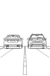 Zwei Autos halten hintereinander auf einer flachen Strasse